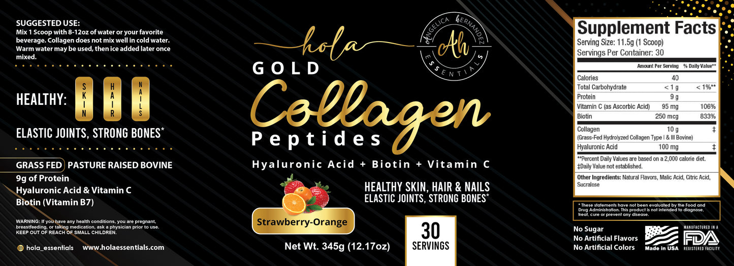 HOLA GOLD COLLAGEN PEPTIDES + HYALURONIC ACID + BIOTIN + VITAMIN C (BLACK) holaessentials